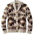 Men's shawl collar knitted cardigan with ethnic geometric pattern in earth tones - S / Tops / Coffee