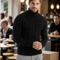 Classic black cable-knit turtleneck sweater for men with slim fit and warm knit texture - Black