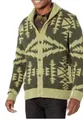 Close-up of men's retro knit cardigan with olive green geometric pattern and shawl collar - S / Tops / Yellow