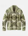 Detail view of men's vintage shawl collar knit cardigan with geometric pattern - Champagne