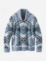 Detailed view of men's geometric knit cardigan featuring shawl collar and blue patterns - S / Tops / Light Blue