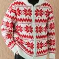 Red and white men's knitted cardigan featuring classic snowflake pattern and zip-up front - Watermelon red