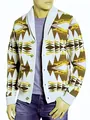 Men's fashionable geometric pattern shawl collar knit cardigan sweater with buttons - S / Tops / Khaki