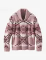Detailed view of men's vintage shawl collar knit cardigan with geometric patterns - S / Tops / Pink