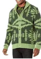 Detailed view of the green geometric pattern on a men's retro knit shawl collar cardigan - Neon Yellow