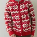 Cozy red and white Nordic snowflake pattern vintage zip-up knitted cardigan for men - Dark Red