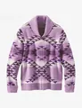 Vintage men's shawl collar purple geometric knit cardigan with full-length zipper closure. - S / Tops / Purple