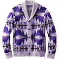 Men's loose knit cardigan with purple geometric tribal pattern and shawl collar - S / Tops / Blue