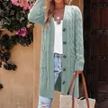 Elegant long sage green cable knit button-up cardigan sweater with pockets for autumn - Light Blue