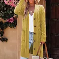 Detail view of mustard yellow cable knit long cardigan with large pockets and buttons - S / Tops / Earthy Yellow
