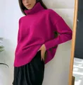 Soft magenta oversized turtleneck knit pullover with ribbed details for casual daily wear - Rose Red