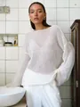 Elegant white sheer mesh knit sweater for women in a minimalist bathroom setting - XS / Tops / White