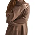 Close-up detail of a soft brown turtleneck knit pullover with ribbed texture - Camel