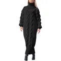 Full-body view showing the elegant cable-knit texture of a black turtleneck sweater dress - S / Tops / Black