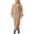 Full-length chunky cable-knit turtleneck sweater dress in camel with relaxed fit - S / Tops / Khaki