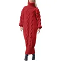 Detailed texture view of a red cable knit turtleneck maxi sweater dress for winter - S / Tops / Red