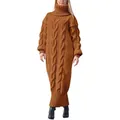 Full length oversized chunky cable knit turtleneck sweater dress in warm caramel brown - Camel