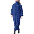 Detail view of royal blue long turtleneck cable knit sweater dress for winter season - Sapphire Blue