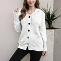 Cozy white single-breasted hooded knit cardigan with v-neck and textured finish - S / Tops / White