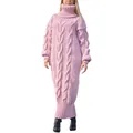 Close-up detail of a pink long-sleeved cable-knit turtleneck maxi sweater dress for women - Pink
