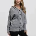 Close-up of a women's grey hooded knitted cardigan featuring a single-breasted button front - S / Tops / Gray