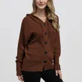 Close-up view of a brown hooded knit cardigan for women with large front buttons - S / Tops / Caramel color