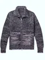 Men's fashionable chunky knit zip-up cardigan with collar in mixed black and grey tones - S / Tops / Black