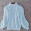 Elegante maglione dolcevita in mohair celeste con maniche a lanterna per l'inverno - Celeste