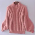 Cozy pink fuzzy knit sweater with lantern sleeves and semi-high collar for autumn winter - 2XL / Tops / Pink