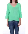 Professional studio shot of a loose mint green V-neck knitted sweater with 3/4 sleeves - Emerald Green