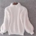 Elegant white fuzzy knit turtleneck sweater featuring soft texture and stylish lantern sleeves - 2XL / Tops / White