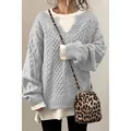 Stylish women's light blue oversized cable knit sweater with a trendy casual V-neck design - S / Top (SY651#) / Gray
