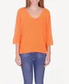 Detail view of women's loose V-neck knit sweater with 3/4 sleeves in vibrant orange - Orange