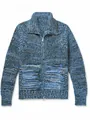 Men's fashionable blue chunky knit zip-up cardigan sweater with classic collar detail - Teal