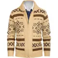 Men's slim fit beige knitted cardigan with brown geometric patterns and zip closure - Apricot