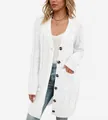 Gilet long blanc en maille torsadée avec boutons marrons élégants et poches - Blanc