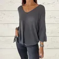 Loose-fit grey V-neck knit sweater with 3/4 sleeves for casual women's styling - Dark Gray