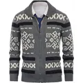 High-quality men's grey zip-up knitted cardigan with geometric pattern, slim fit. - Gray