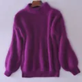 Plush purple semi-high neck sweater with elegant lantern sleeves for autumn winter - XL / Tops / Purple