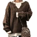 Women's loose brown cable-knit sweater in a relaxed lazy style fit - S / Top (SY651#) / Coffee