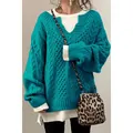 Loose fit turquoise cable knit sweater with V-neck design for women's stylish layering - S / Top (SY651#) / Sea Green