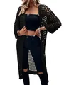 Détail du cardigan long en maille crochet noir avec motif ajouré et coupe fluide - Noir