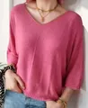 Detailed macro view of pink V-neck knit sweater featuring loose three-quarter sleeves - S / Tops / Pink