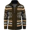 Men's brown geometric pattern knitted cardigan with full zipper and ribbed collar - Coffee