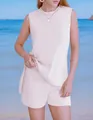 Detailed view of women's cream knitted two-piece beach set featuring a sleeveless vest - White