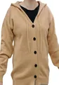 Gilet en maille beige pour femme avec capuche, col en V et fermeture à boutons noirs - Chameau