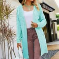 Cozy light blue women's long cable-knit hooded cardigan sweater with pockets - Emerald Green