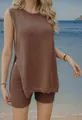 Detail of the knit texture and side slit on the casual brown sleeveless beach set. - S / Top And Bottom / Dark Brown