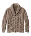 Klassische khakifarbene Strickjacke für Herren mit Schalkragen, Zopfmuster und Knopfleiste - Kaffeebraun