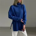 Comfortable cobalt blue oversized turtleneck knit sweater with casual side slits for women - S / Tops / Dark Blue